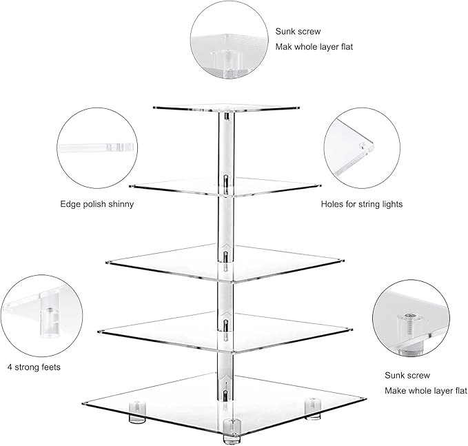 Cupcake Stand, 5-Tier Square Cupcake Holder with LED Light String, Acrylic Cupcake Tower Display-Dessert Tower-Pastry Stand-Cupcake Tier Stand for Wedding, Birthday Party (Colorful Light)…