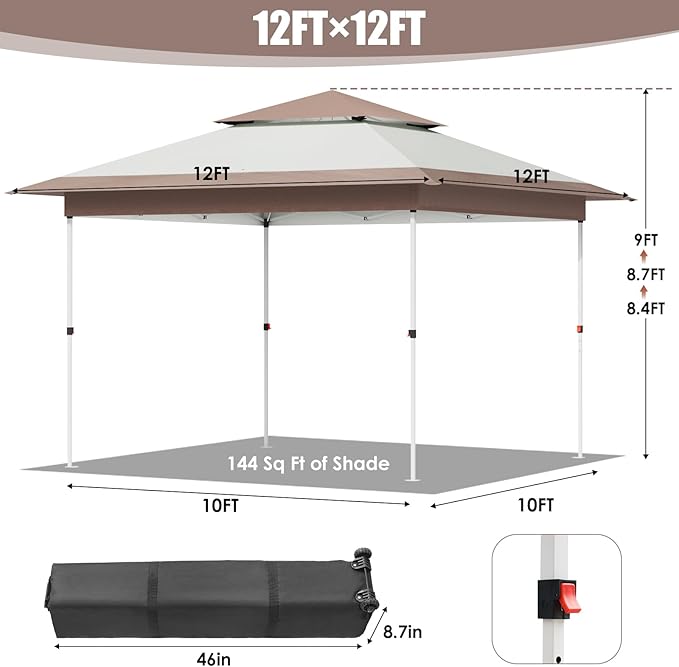 Arlopu Pop Up Canopy Tent with 1-Person Set up, Camping Instant Durable Shelter, Outdoor Gazebo Beach Shade with Wheeled Bag, 4 Sand Bags for Weight (Khaki, 12FTX12FT)