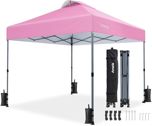 Amada 10x10 Pop Up Canopy - Center Lock One Push Instant Setup Wheeled Gazebo Outdoor Canopy Beach Tent with STO-N-Go Bag 8 Stakes & 4 Sand Bags, 3-Height Adjustable Shade Shelter (10x10ft, Pink)