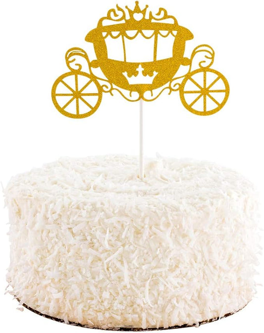 Restaurantware Top Cake 8 X 3.8 Inch Cake Toppers 10 Cinderella Carriage Cake Topper Inserts - Durable With Glitter Detail Gold Paper Cake Decoration Birthday Baby Shower Supplies