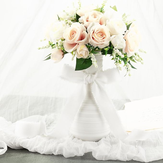 White Cotton Ribbon 1 Inch White 3 Rolls 21 Yards Frayed Edge Fabric Set for Wedding Invitations, Bridal Bouquet Wrap, Baby Shower, Christening & Gift Wrapping