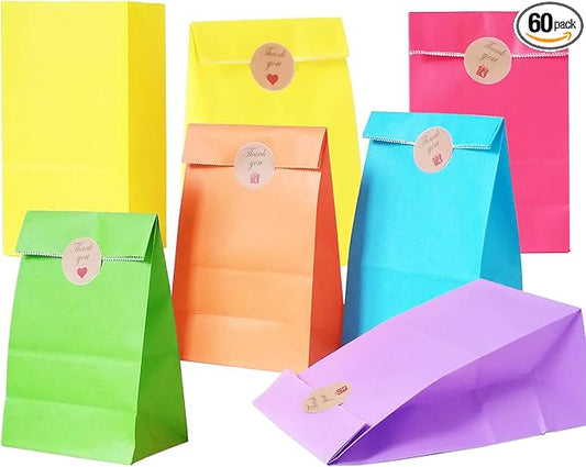 Future Life 60 pcs Solid Color Party Favor Paper Bags, 5.2 * 3.2 * 9.6 Inch, Food Safe Kraft Paper and Ink, Natural (Biodegradable), Vivid Colored Gift Bags, Give Away Bags.