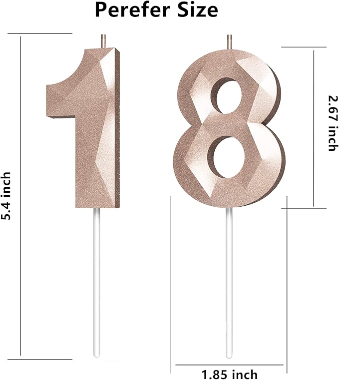 Number Birthday Candles(18 Candle Rose Gold) 3D Diamond Shape Number Happy Birthday Cake Candles for Birthday Party Wedding Decoration Reunions Theme Party