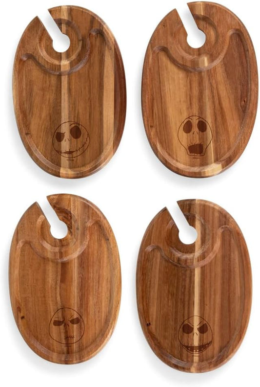 PICNIC TIME Disney Nightmare Before Christmas Jack Skellington Wine Appetizer Plate Set of 4 with Glass Holder, Acacia Wood Cocktail Plates for Cheese Charcuterie and Entertaining, (Acacia Wood)