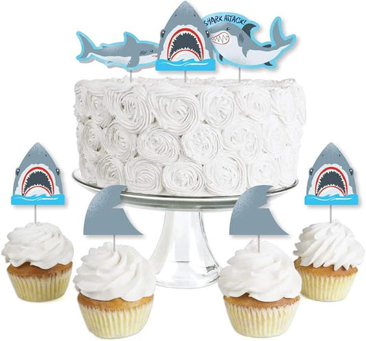Big Dot of Happiness Shark Zone - Dessert Cupcake Toppers - Jawsome Shark Party or Birthday Party Clear Treat Picks - Set of 24