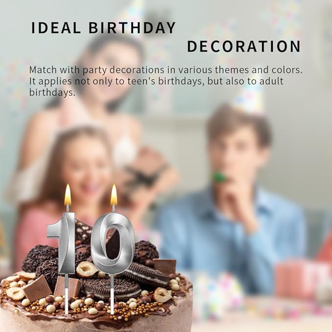 10th Birthday Candle for 10th Birthday Decorations for Boys Silver