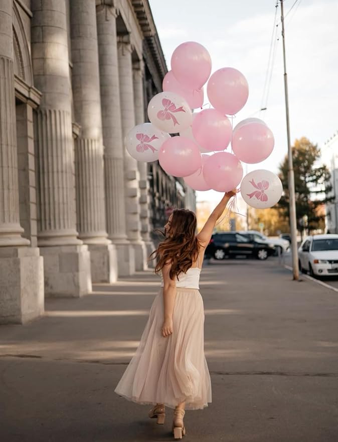 Pink Bow Balloons, 50PCS 12 Inch Pastel Pink and White Bow Print Balloons, Coquette Girly Party Decorations for Girls Birthday, Baby Shower, Bridal Shower, Bachelorette & Bow Theme Party
