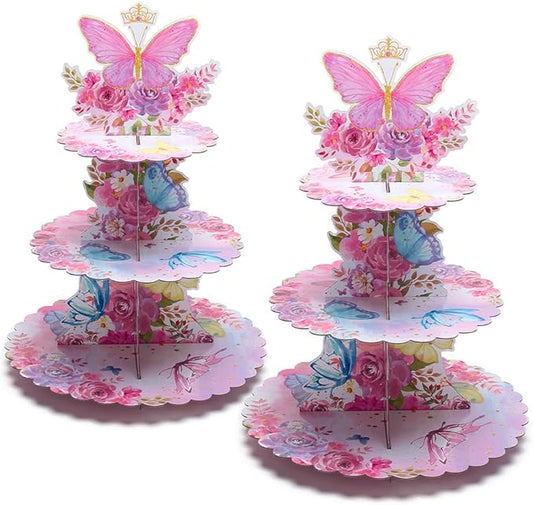 MRPAPA Buttleply 3 Tier Cupcake Tower,Pink Cardboard Cupcake Stand,2PCS Butterfly Cup Cake Holder Thick Paper Dessert Tray for Baby Girls Pink Birthday Baby Shower