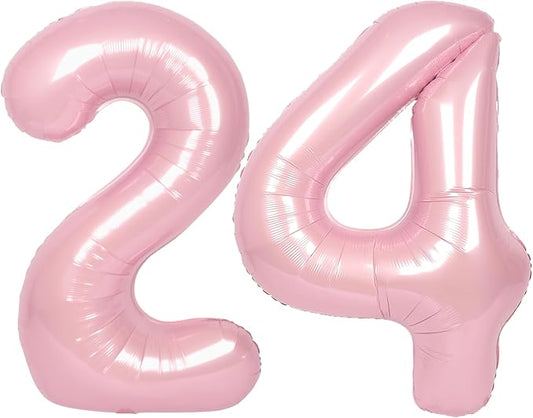 SUWEN 40 Inch Large Pink 24 Number Balloons Big Foil Helium Number Balloons 0-9 Jumbo Happy 24th Mylar Birthday Party Decorations for Women 42 Anniversary Party Supplies