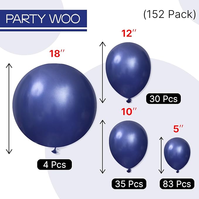 PartyWoo Navy Blue Balloons 152pcs Different Sizes of 18 12 10 5 Inch Dark Blue Balloon Arch Kit Garland for Graduation Wedding Sports Baby Shower Birthday Bachelorette Party Decorations Blue-Z90
