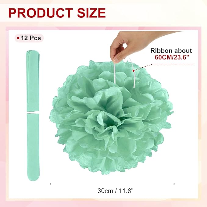 PATIKIL 12inch Tissue Paper Pom Poms, 12PCS Pom Poms Paper Flowers Ball Tissue Paper Flowers for Wedding Bridal Shower Birthday Bachelorette Party Backdrop Decoration, Mint Green