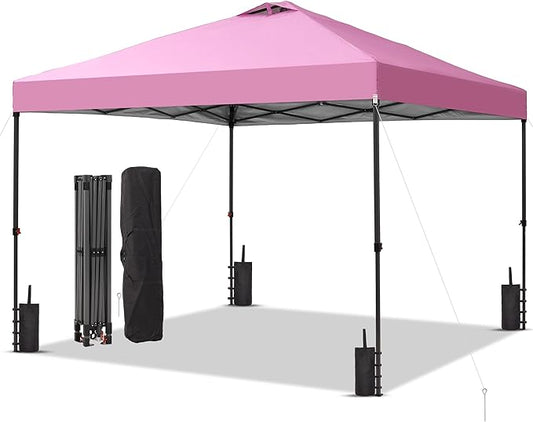 GDY 10x10 Pop Up Canopy Patio Carpas, One Push Set up with Central Lock Canopy with Hand Carry Bag, Included 4 Sandbaogs,8 Stakes and 4 Ropes, Pink