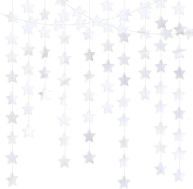 Metallic Silver Iridescent-Star-Garland 90FT – 240 Pcs Sparkling Star Streamers – Hanging Glitter Star Banner Backdrop for Birthday, Baby Shower, Wedding, Christmas Party Decorations (6 Packs)