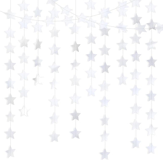 Metallic Silver Iridescent-Star-Garland 90FT – 240 Pcs Sparkling Star Streamers – Hanging Glitter Star Banner Backdrop for Birthday, Baby Shower, Wedding, Christmas Party Decorations (6 Packs)
