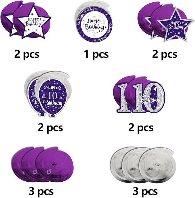 Happy 10th Birthday Purple & Silver Glitter Swirls Streamers Party Decorations - 15 Pcs 10th Birthday Hanging Swirls Streamers Kit,Cheers to Ten Years Old Bday Party Sign.