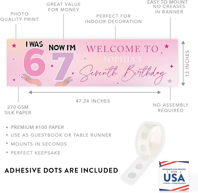 Andaz Press 13x48 Inch Custom 6 7 Birthday Banner Decorations, Personalized Birthday Banner with Custom Name, Pink 67 Happy Birthday Party Banner for Girls, Cute Backdrop for Home or Party Décor