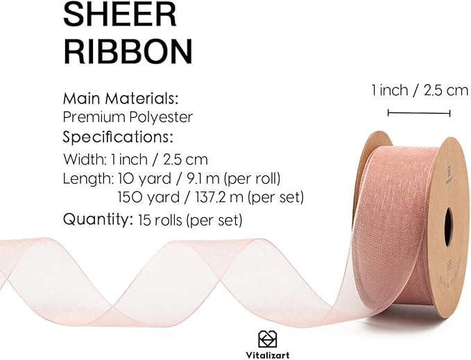Vitalizart 1" x 150 Yd Organza Ribbon Mixed Color Sheer Ribbons Set 10 Yd x 15 Rolls Handmade for Gift Wrapping Christmas Tree Crafts Bows Wedding Invitations Wreaths Wrap