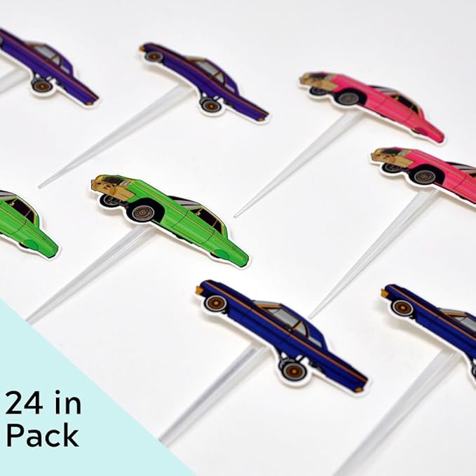 24 PCS Lowrider Cupcake Toppers - Lowrider Party Decorations - Cholo Theme Party - Lowrider Car Birthday Decorations - Pink, Blue, Green, Purple