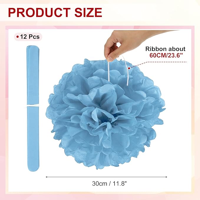 PATIKIL 12inch Tissue Paper Pom Poms, 12PCS Pom Poms Paper Flowers Ball Tissue Paper Flowers for Wedding Bridal Shower Birthday Bachelorette Party Backdrop Decoration, Lake Blue