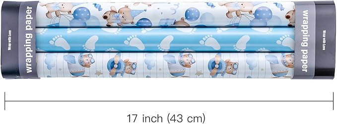 WRAPAHOLIC Bear Baby Shower Wrapping Paper - Mini Roll - 3 Rolls - 17 Inch x 120 Inch - Adventure Bear in Airplane and Party Design for Baby Shower, Boy Birthday