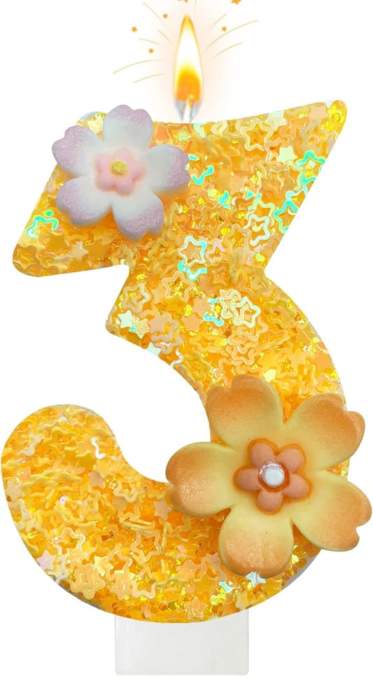 Yellow Birthday Candle, Flower Number Birthday Candles for Cake, Ideal Birthday Parties Cake Decor, Wedding Anniversary and Other Celebrations (3 Candle, Yellow)