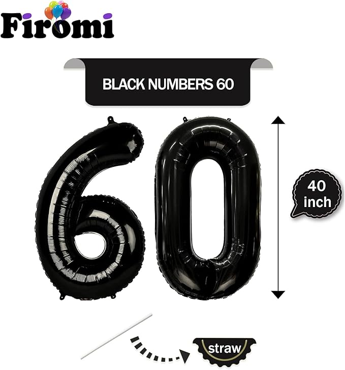 FIROMI 60 Number Balloons Black Big Giant Jumbo Mylar Foil 60 Balloon Numbers for 60th Birthday Party Anniversary Decorations 40-inches