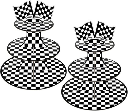 MRPAPA Carboard Cupcake Stands, Set of 2 Tiered Dessert Tray Purple, 3 Tier Paper Race Theme Cupcake Tower Holder for 24 Cupcakes Perfect for Birthday Baby Shower Party Supplies (Race)