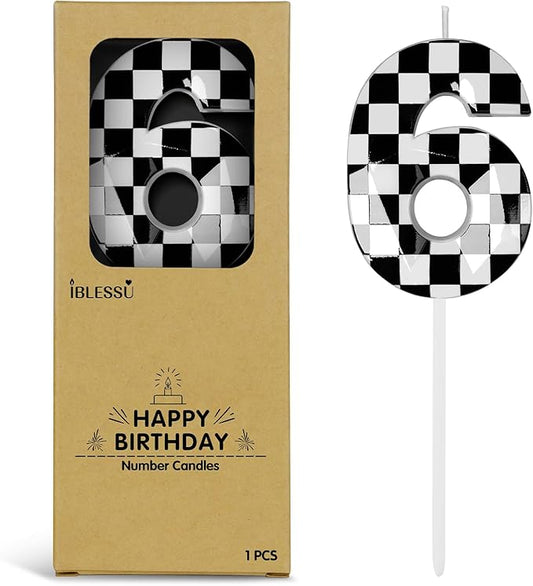 Number 6 Racing Cars Birthday Candles,2.68 Inch Black White Checkered Birthday Number Candles, Cool Racing Themed Number Candles for Boys and Girls, Kids Race Car Themed Party Decorations Supplies