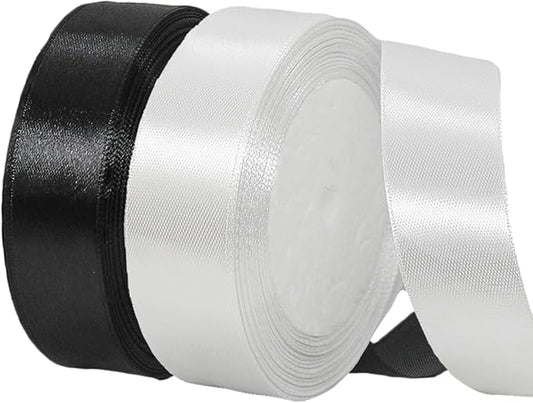 2 Rolls Black White Ribbon, 1 Inch 50 Yards Black White Satin Fabric Ribbon for Wedding Party, Gift Wrapping, Baby Shower, Flower Bouquets, DIY Crafts, Birthday Cakes and Christmas Decorations