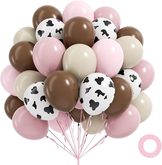 60pcs Cow Print Balloons 12inch, Brown Sand White Pastel Light Pink Cow Balloons for Farm My First Rodeo Country Baby Shower Birthday Party Decorations