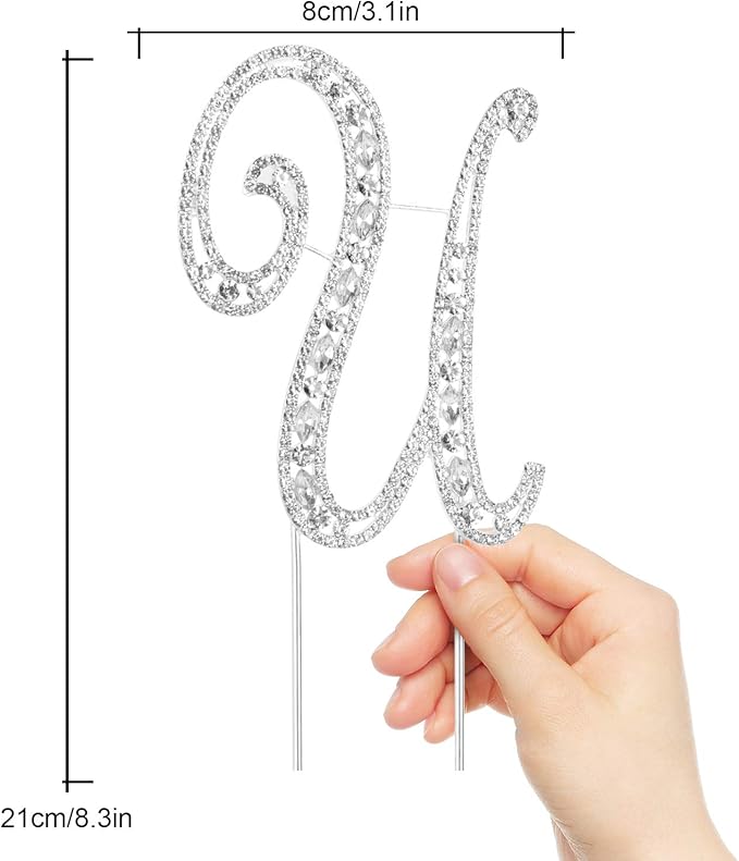 LINGPAR Letter U Cake Topper Rhinestone Crystal Silver Letter for Wedding or Anniversary Birthday Party Decoration Supplies
