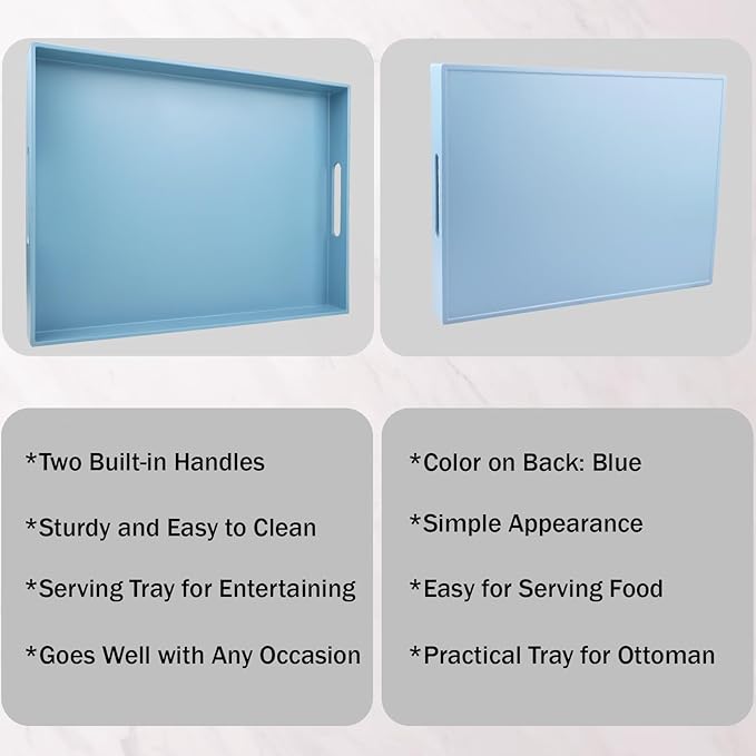 Blue Serving Tray for Coffee Table, Rectangular Plastic Decorative Tray with Handles for Entertaining, Outdoor Patio, Living Room, Ottoman, Bathroom Counter, 11.8”*15.7”*1.6”