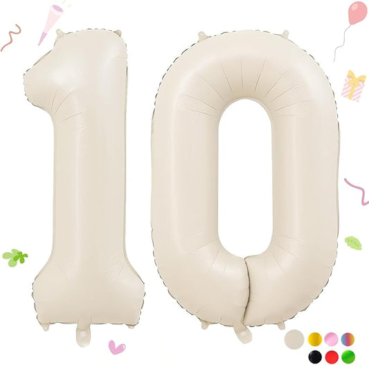 40 Inch Beige Number 10 Balloons for 10th Birthday Decorations Boys Girl, Giant Self-Sealing Cream Foil Number 0-10 White Sand Balloon for Women Men Party Anniversary Baby Shower Supplies