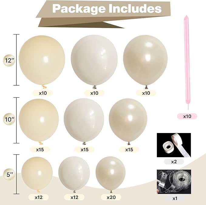 HILAVO Pearl White Balloon Garland Arch Kit 132 Pcs Bow Coquette Sand White Ivory Party Balloons with Pastel Pink Long Latex Balloon for Girls Princess Wedding Baby Shower Bridal Birthday Party Decor