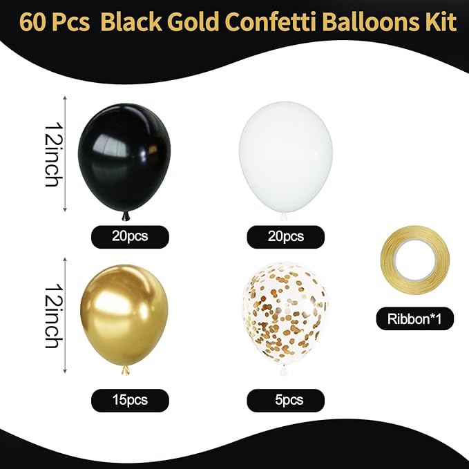 Black Gold Balloons Kit, 60pcs 12 Inch Black White and Gold Confetti Balloons for Graduation Birthday Anniversary Wedding Party Decorations
