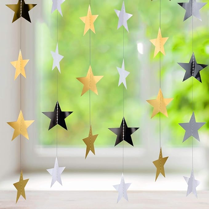Patelai 130 Feet Glitter Star Garland Banner 2026 Party Decoration Double Side Star Hanging String Streamer Paper Twinkle for Graduation Wedding Birthday (Gold and Silver)