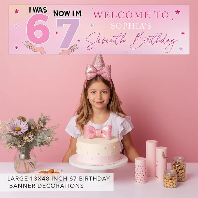 Andaz Press 13x48 Inch Custom 6 7 Birthday Banner Decorations, Personalized Birthday Banner with Custom Name, Pink 67 Happy Birthday Party Banner for Girls, Cute Backdrop for Home or Party Décor