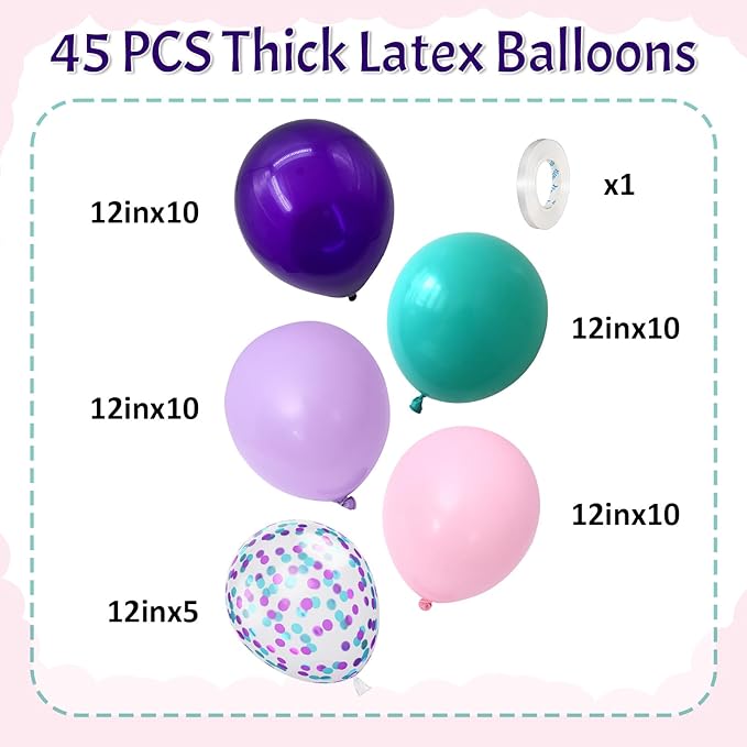 HILAVO Mermaid Balloon Set 12 inch Purple Pink Teal Blue Latex Balloons with Confetti Teal Blue Purple Light Pink Latex Balloon for Girls Mermaid Under The Sea Birthday Baby Shower Party Decorations