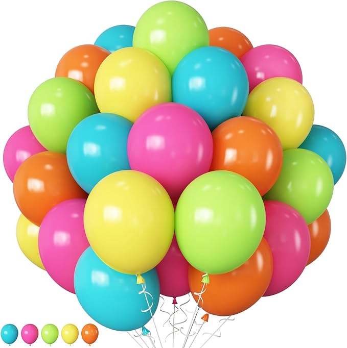 Rainbow Balloons, 12 Inch 60pcs Multicolor Rainbow Balloon Teal Blue Green Yellow Orange Hot Pink Latex Ballons for Tropical Summer Birthday Wedding Baby Shower Engagement Decoration Party Supplies