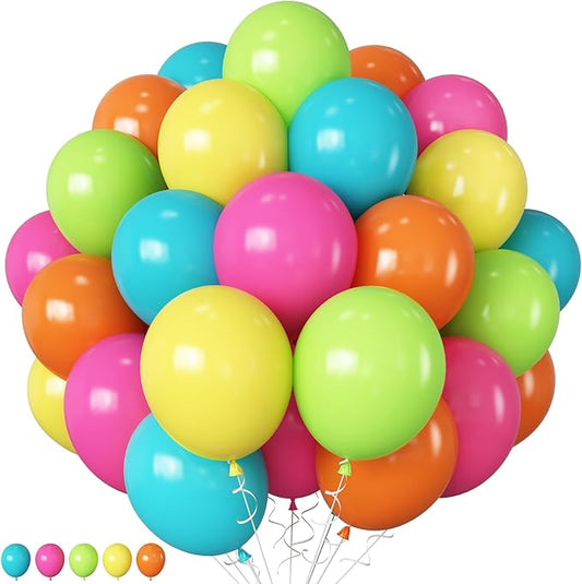 Rainbow Balloons, 12 Inch 60pcs Multicolor Rainbow Balloon Teal Blue Green Yellow Orange Hot Pink Latex Ballons for Tropical Summer Birthday Wedding Baby Shower Engagement Decoration Party Supplies