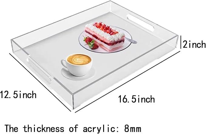 Sturdy 16" Acrylic Serving Tray with Handles - Ottoman Coffee Table Organizer for Food, Tea, Snacks, Vanity & Kitchen Countertop - Multi-Use for Bathroom, Living Room, Bar Parties (Transparent)