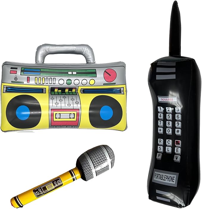 3 PCS Hip hop Props Inflatable Mobile Phone Inflatable Radio Boombox Inflatable Microphone Props for or 80s 90s Party Decorations Glow Theme Birthdays Party Graduations Photo Booth Props