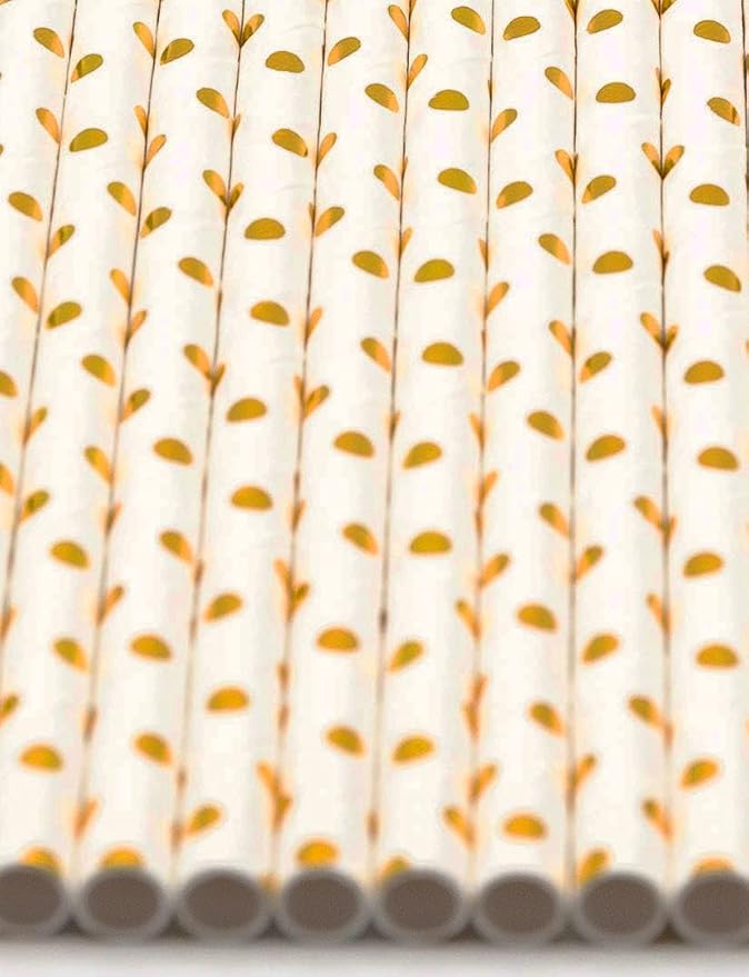 Pack of 900 Gold Polka Dot Foil Biodegradable 4-Ply Paper Drinking Straws (Compostable, Non-toxic, BPA-free)