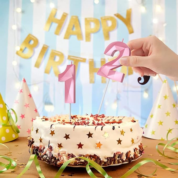 Number Birthday Candles(17 Candle Pink) 3D Diamond Shape 17th Happy Birthday Cake Topper Decorations for Girl Women Birthday Wedding Anniversary Celebration Theme Party Supplies