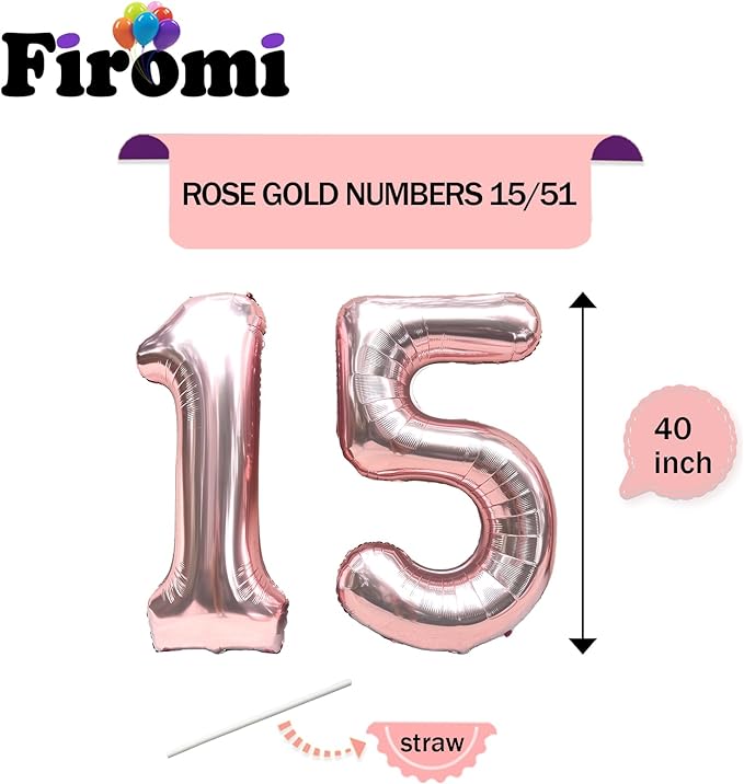 FIROMI 15 Foil Number Balloons Rose Gold 40-inch Big Giant Jumbo Mylar 15 or 51 Balloon Numbers for 15th Birthday Party Anniversary Decorations