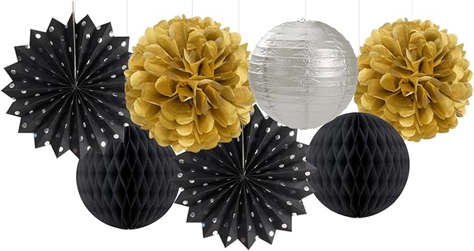 Black Gold Silver Party-Decorations Streamers-Lanterns - 14pcs Graduation 2026 Paper Fan,Tissue Flower Pom Poms Streamers,Honeycomb Balls,Men Birthday Wedding Baby Bridal Shower Decor Ouruola