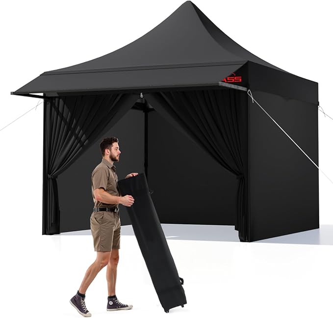 10x10 Pop Up Canopy Tent with Awning and Sidewalls, 550D Commercial Canopy, Waterproof Party Tent with Roller Bag, Black