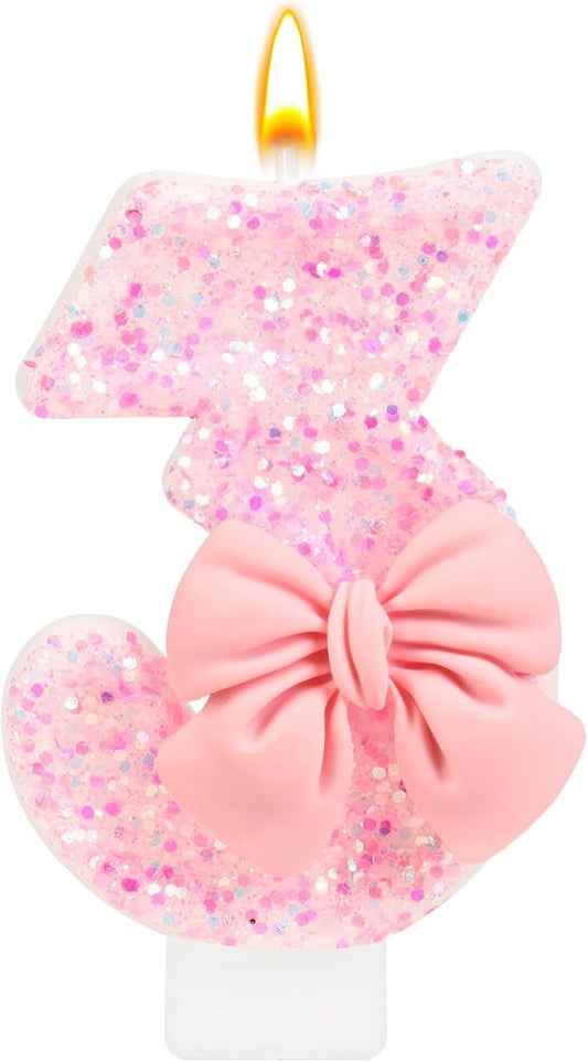Pink Bow Number 3 Birthday Candle, Glittering Candles Birthday Cake Topper, Princess Themed Party Decor for Girls and Women Anniversary Party Supplies