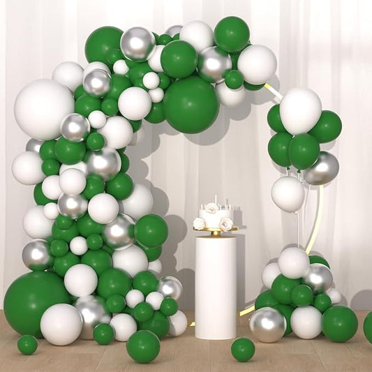 Dark Green White Silver Balloon Arch Garland Kit - Forest Green White Balloon Arch Metallic Silver Balloon for Wedding Engagement Graduation Retirement Birthday Party Decorations