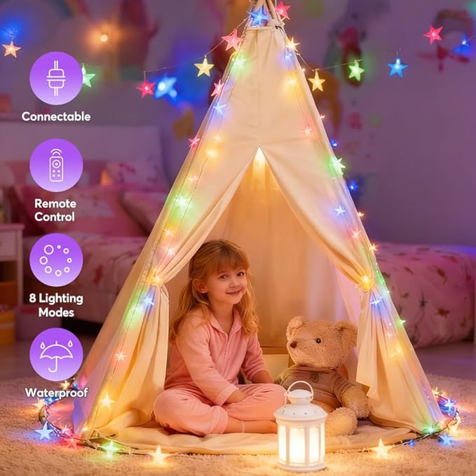 150 LED Color Changing Star String Lights - 65.6ft with Remote, 11 Modes, IP44 Waterproof, Linkable Plug in Lights for Christmas, Wedding, Party, Holiday, Indoor Outdoor, Backyard, Patio, Garden Decor